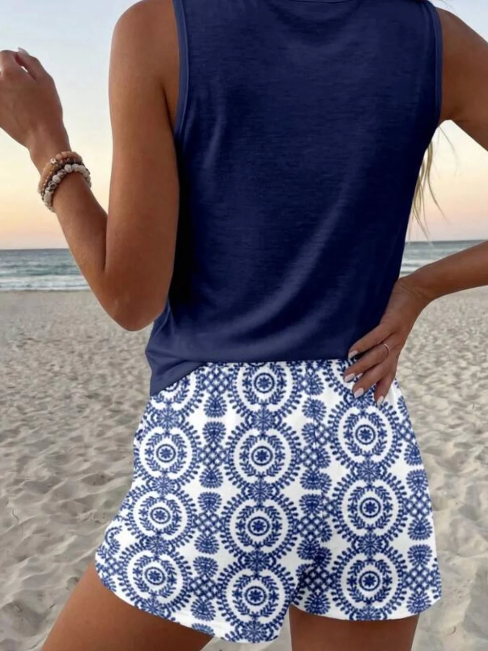 Navy Blue Tank with White & Navy Patterned Drawstring Shorts